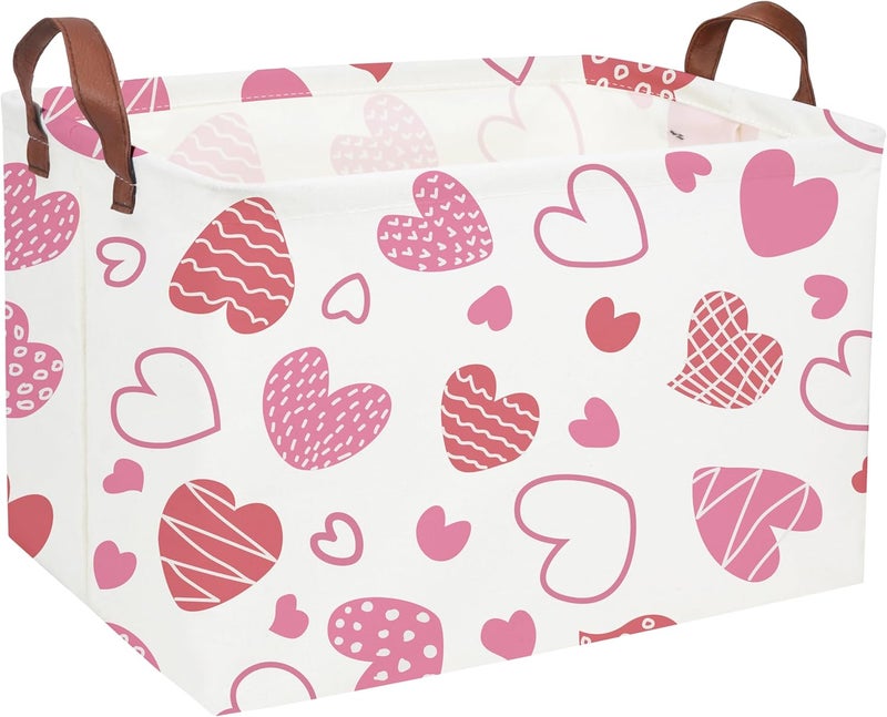 ESSME Rectangular Pink Basket,Heart Storage Bins Organizer with Handles for Girls Room Decor, Heart Basket,Shelf Basket.(Pink Heart) - Image 1